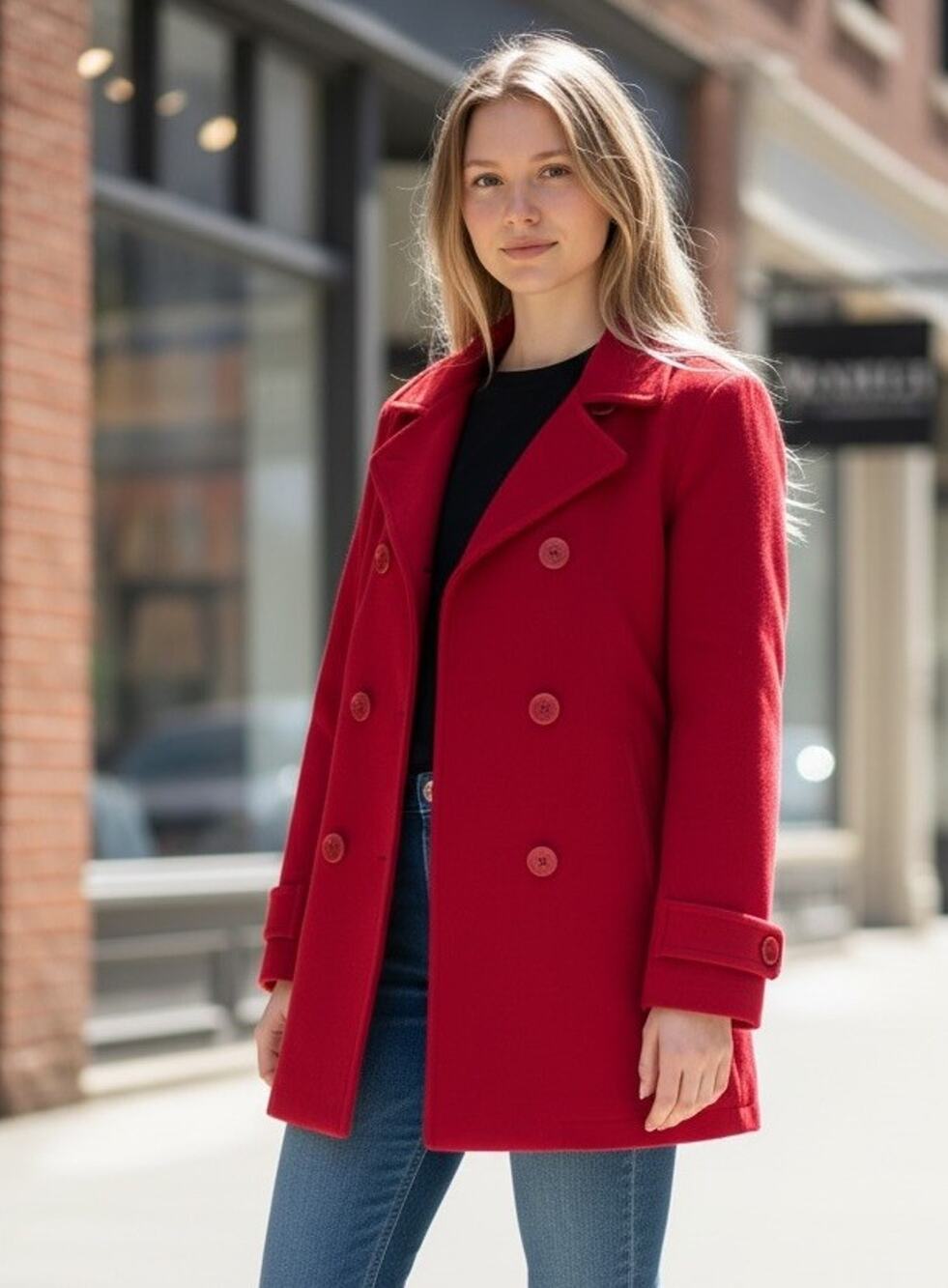 Vintage LL BEAN Red Double Breasted Peacoat Jacket Wool Lined Size 14 3937/8